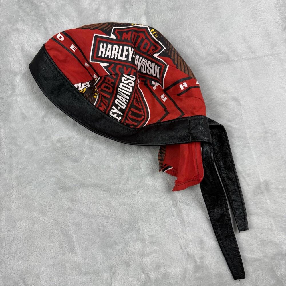 VTG Harley Davidson Red Do Rag Bandana Headwrap Leather Trim Motorcycle Gear Y2K - Picture 1 of 11